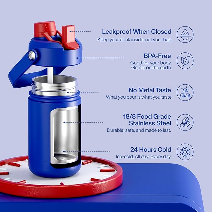ENCOOL Kids Insulated Water Bottle with Straw - 12oz Stainless Steel Water Bottle with Dual Spouts, Leak-Proof, BPA-Free, Double Wall Vacuum Keeps Cold for 24 Hours for Sports, Travel (Beaucoup Blue)
