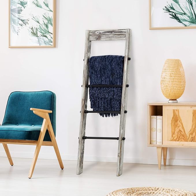 MyGift Blanket Ladder Wooden, Blanket Quilt Holder Rack Decorative Ladder with Metal Pipe Rungs, Easy Assembly, Rustic Farmhouse Ladder Shelf for The Living Room Bedroom Bathroom