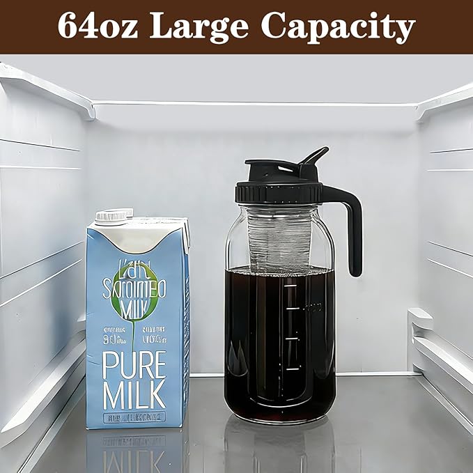 Cold Brew Coffee Maker, 64oz Cold Brew Pitcher with Stainless Steel Filter & Coffee Mat, Glass Cold Brew Mason Jar with Airtight Lid, Cold Brew Brewer Kit Tea Infuser Pitcher, Gifts for Coffee Lovers