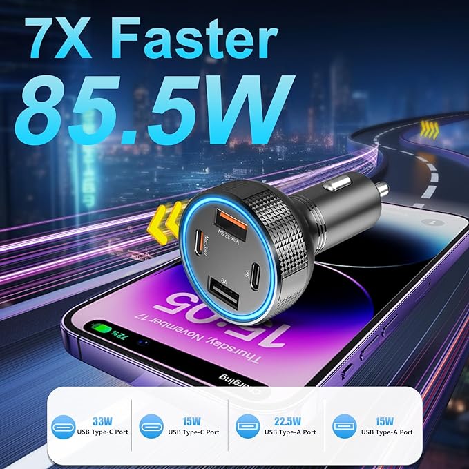 [2 Pack] Retractable Car Charger USB C 78W & 85.5W 4 in 1 Fast Car Charger, 4 Ports Cigarette Lighter Adapter with Retractable Cables, Compatible with iPhone 16/15/14/13/12/11, Galaxy, Pixel,