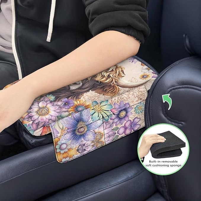 Dreaweet Highland Cow Boho Floral Print Arm Rest Cover for Car Women Thick Center Console Armrest Pad with Pockets Auto Accessories Interior Car Center Console Cushion Pad