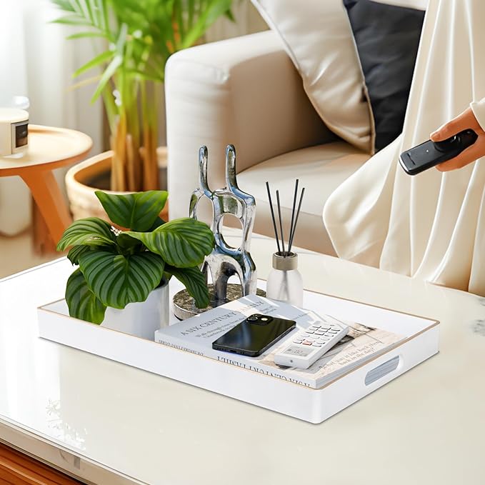 MAONAME White Decorative Tray for Coffee Table, Modern Serving Tray with Handles, Plastic Rectangular Tea Trays for Ottoman, Bathroom Decor, 15.8” X 10.2” x 1.4"