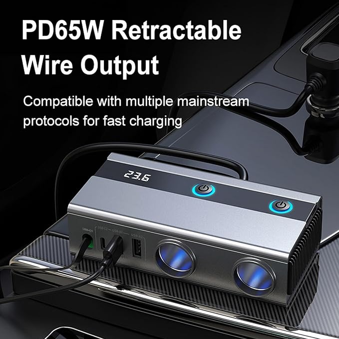 Socket Adapter with Retractable Type C Cable Car Phone Charging and USB/USB C MultiPort for Fast Charging Double Socket Adapter