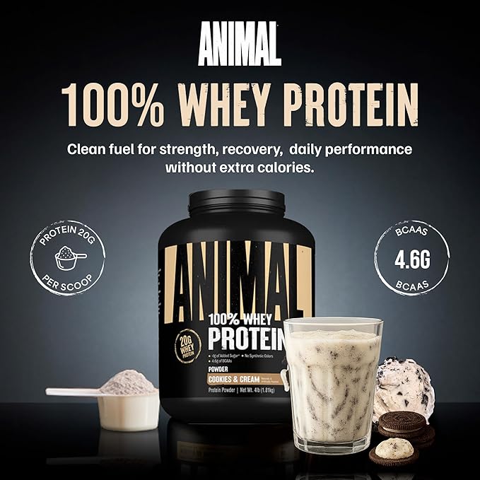 Animal 100% Whey Protein Powder – Whey Blend for Pre Workout or Post Workout, Recovery, Anytime Low Sugar Protein Boost Meal Replacement with BCAA Branched Chain Amino Acids – Cookies & Cream, 4 lb