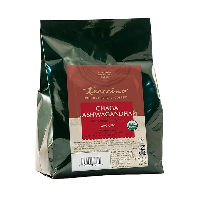Teeccino Chaga Ashwagandha Coffee Alternative, 5 Lb Bag - Butterscotch Cream - Organic, Adaptogenic Herbal Mushroom Coffee, Medium Roast, Caffeine Free, Prebiotic, Acid Free, Gluten Free