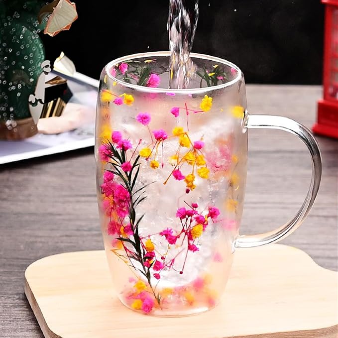 Creative Flowers Double Wall Clear Glass Coffee Mug with Handle, Aesthetic Dried Flowers Coffee Mug, Clear Double Insulated Glass Cup for Hot and Cold Beverages, Cappuccino, (D)