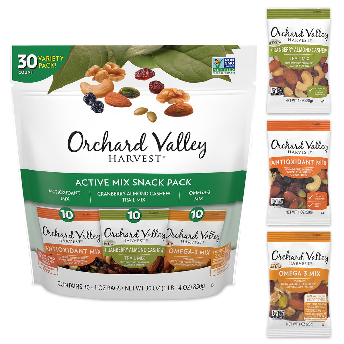Orchard Valley Harvest Antioxidant Mix, 1 Ounce Bags (Pack of 15), Almonds, Cranberries, Blueberries, Cashews, and Pepitas, Non-GMO, No Artificial Ingredients, Healthy Snacks for Adults