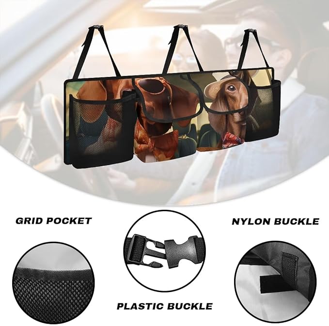 Car Trunk Organizer,Large Car Storage with 4 Pockets,Waterproof Backseat Hanging Organizer for SUV,Truck,MPV,Car Interior Accessories for Men and Women,Funny Dog Driving Print