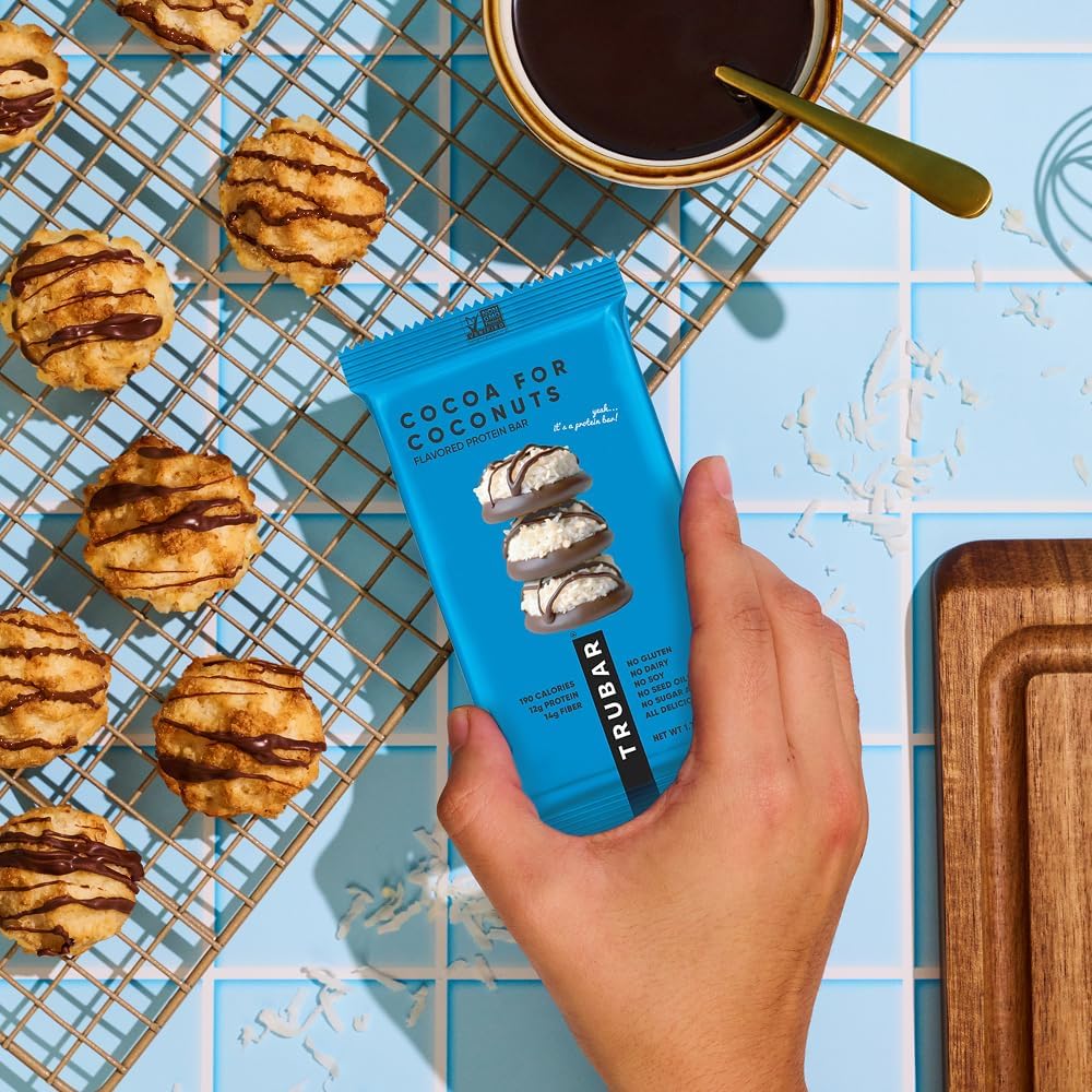 TRUBAR Vegan Protein Bar, Cocoa For Coconuts, Gluten Free, Plant Based Protein, Dairy Free, Non GMO, Soy Free, No Sugar Alcohols, 12G Protein, 12G Fiber, 23G Carb, On the Go Snack Bars, 12 ct