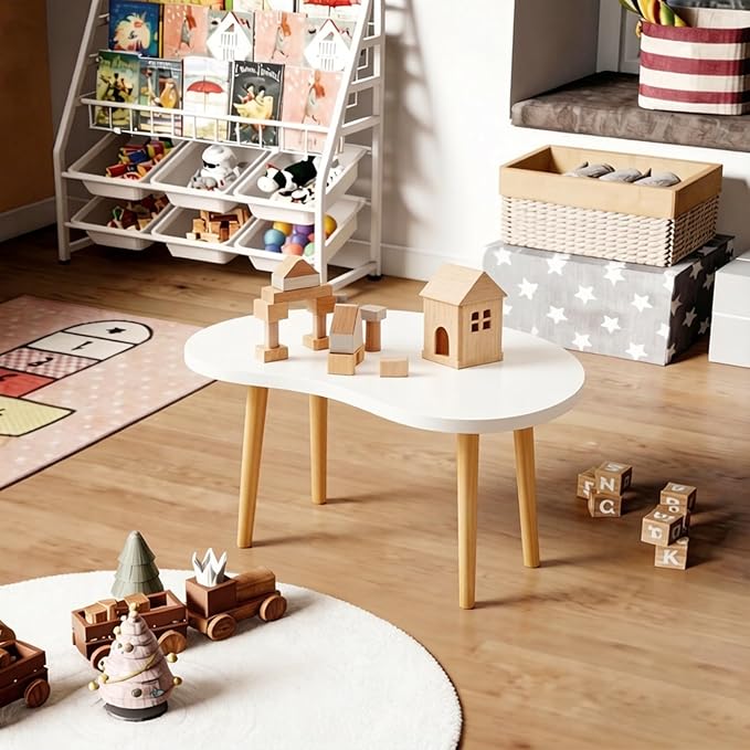 Mango Coffee Table Low Table with 4 Solid Wood Sturdy Legs,Floor Table Desk for Sitting on The Floor,19.7"D x 31.5"W x 16"H Inches,Living Room/Toy room Furniture,Rental house Furniture(White)