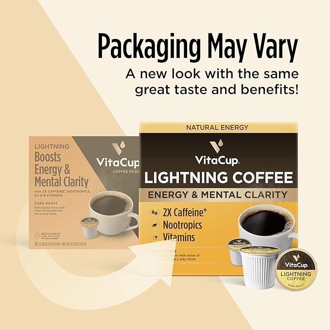 VitaCup Lightning Coffee Pods, for Memory & Focus w/ 2X Caffeine, Green Coffee Bean, B Vitamins, D3, Strong Dark Roast, Single Serve Pod Compatible with Keurig K-Cup Brewers,32 Ct