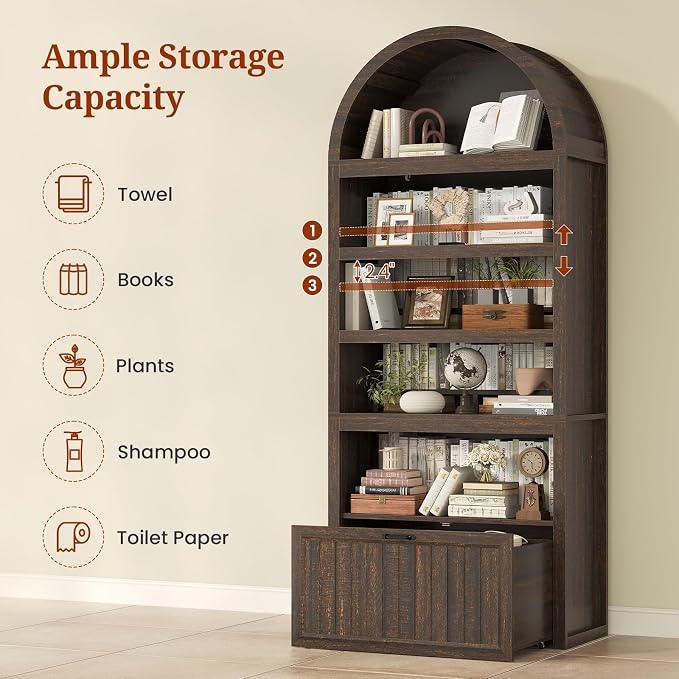 81" Tall Arched Cabinets,Bookcase with Drawer storage,Mid-Century Modern 5-Tier Bookshelf,2 Book Risers and Adjustable Shelves offering more storage space for Living Room,Kitchen,Home Office,Walnut