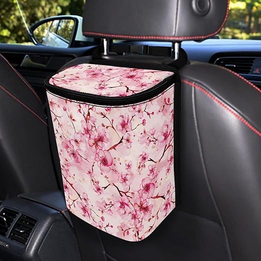 KEIAHUAN Pink Cherry Blossom Car Trash Can Bin for Back Seat with Lid Cute Trash Bag Hanging Removable Storage Bag Large Capacity Car Interior Accessories