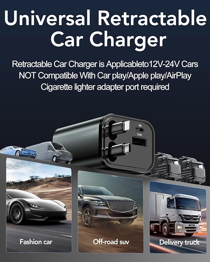 Retractable Car Charger Adapter for iPhone 17,4 in 1 Fast Charging Car Phone Charger,69W USB C Car Truck Accessories,Road Trip Essentials Gift for Men Women for iPhone 17 Pro Max/16/15/14,Galaxy S26