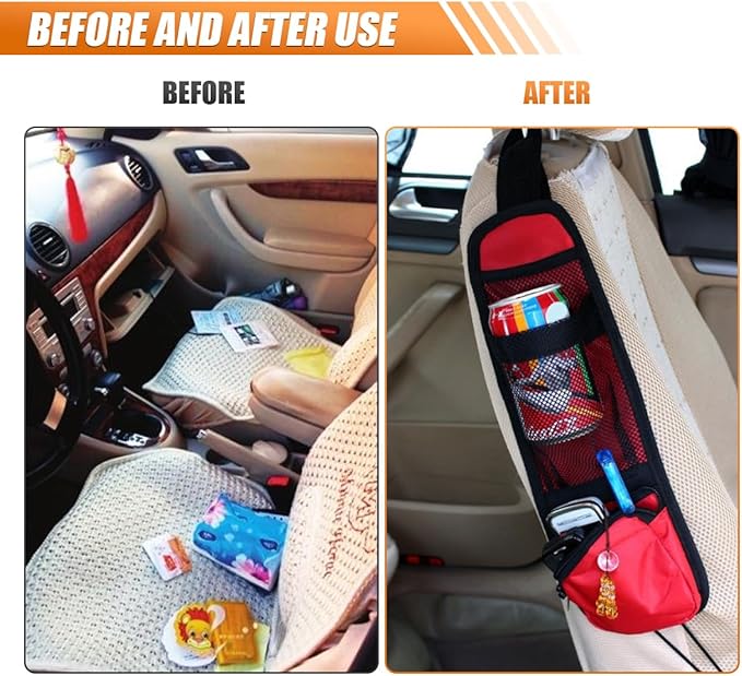 2PCS Front Seat Storage Bag, Multifunctional Seat Hanging Bag Car Mesh Net Pocket Handbag Holder, Multi-Pocket Car Seats Side Storage Organizer Holds Mobile Phone Wallet Glasses Fit for Cars (Red)