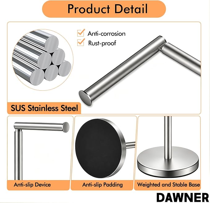 DAWNER 26" Heavy Duty Toilet Paper Holder Stand, Free Standing Toilet Paper Holder, Brushed Nickel Bathroom Toilet Paper Roll Holder, Stainless Steel Tissue Holder for Bathroom, Anti-Tipping Base