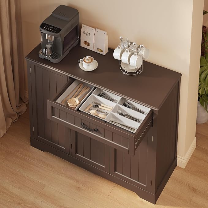 Gizoon Kitchen Coffee Bar Cabinet with Storage Kitchen Sideboard Buffet Cabinet with Drawers, Short Pantry with Door and Shelves for Bathroom and Living Room, Dark Brown