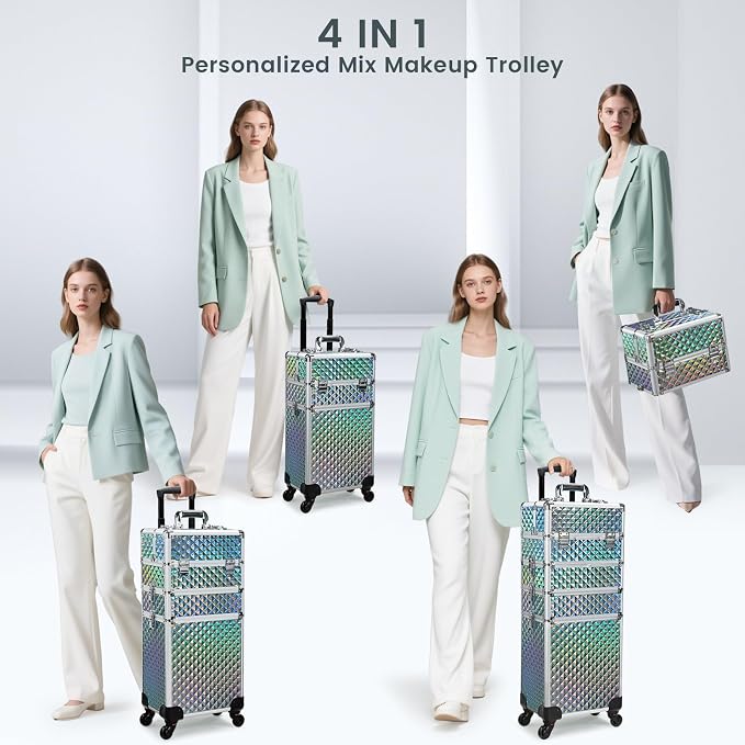 Stagiant Rolling Makeup Case Cosmetology Case on Wheels 4 in 1 Makeup Travel Case Large Cosmetic Organizer Storage with Key Swivel Wheels Nail Artist Salon Traveling Cart Trunk Watery Blue