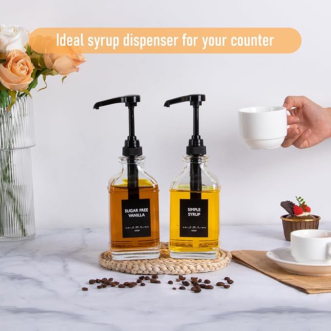 Alotpower 2-Pack 16oz Glass Coffee Syrup Dispenser Bottles, Empty Square Dispenser for Coffee Bar with 1/4oz Pump - Kit Includes 36 Labels & Marker