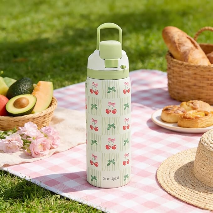 Cherry Stainless Steel Water Bottle, Vacuum Insulated, Push-Button Lid, 32 oz, Gifts for Women Girls Friends Teens Birthday Christmas
