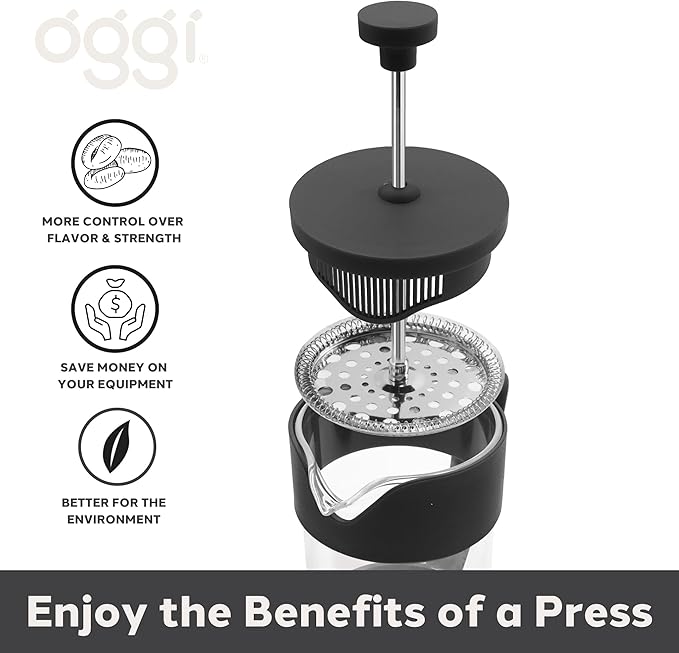 Oggi Borosilicate Glass French Press Coffee Maker (34oz)- 8 Cup Capacity, Coffee Press, Single Serve Coffee Maker, Stainless Steel Lid & Plunger, Make Great Coffee Gifts