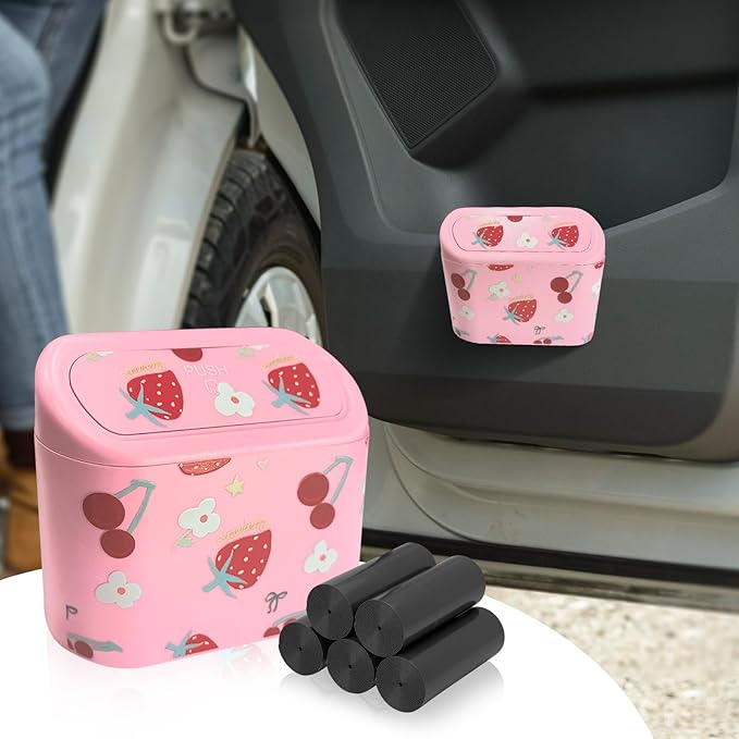 Mini Car Trash Can with Lid – Cute Strawberry Pink Trash Can for Women with 5 Bags, Girly Automotive Organizer for Front and Back Seat, Car Accessories for Teen Girls, SUV, Truck, Sedan