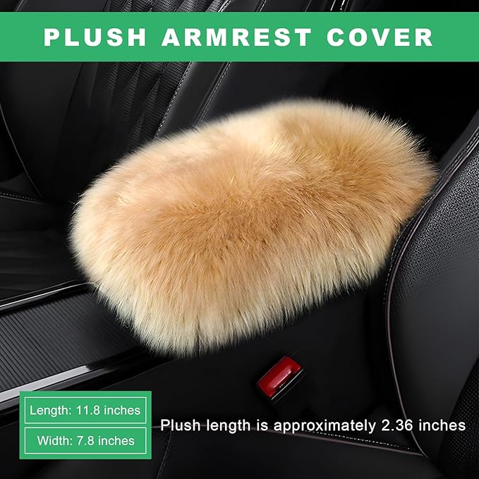 Furry Car Center Console Cover Pad, 11.8"×7.9" Auto Fluffy Plush Center Armrest Protective Cover, Comfortable Fuzzy Armrest Seat Box Protector Cushion for Cars Trucks SUVs (Light Camel)