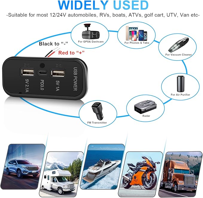 3 Ports 12V RV USB Outlet 45.5W, Gibbab PD3.0 Type-C Quick Charge & Dual A Port 3.1A Panel Wall Mount, Automotive Car Socket Charger Adapter for RV Marine Boat Bus ATV Motorcycle Truck
