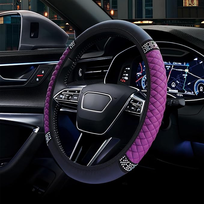Bling Soft Leather Steering Wheel Cover, 15" Anti-Slip Sparkly Crystal Auto Elastic Steering Wheel Protector for Women Girl, Colorful Diamond Car Interior Accessory for Most Cars (Purple)