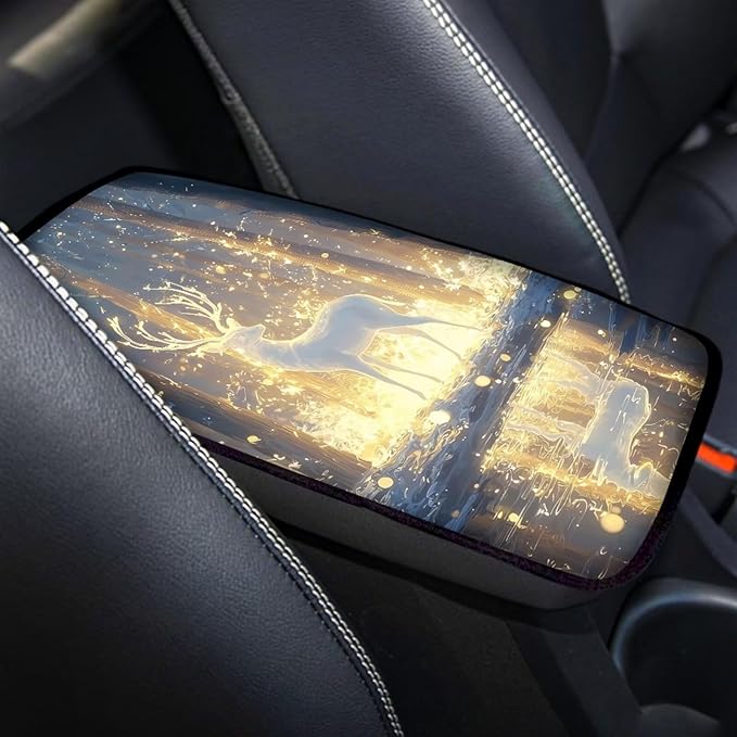 Deer Forest Print Car Center Console Cushion Pad Dust-Proof Universal Armrest Cover Decorative Car Interior Accessories for Truck Sedan SUV