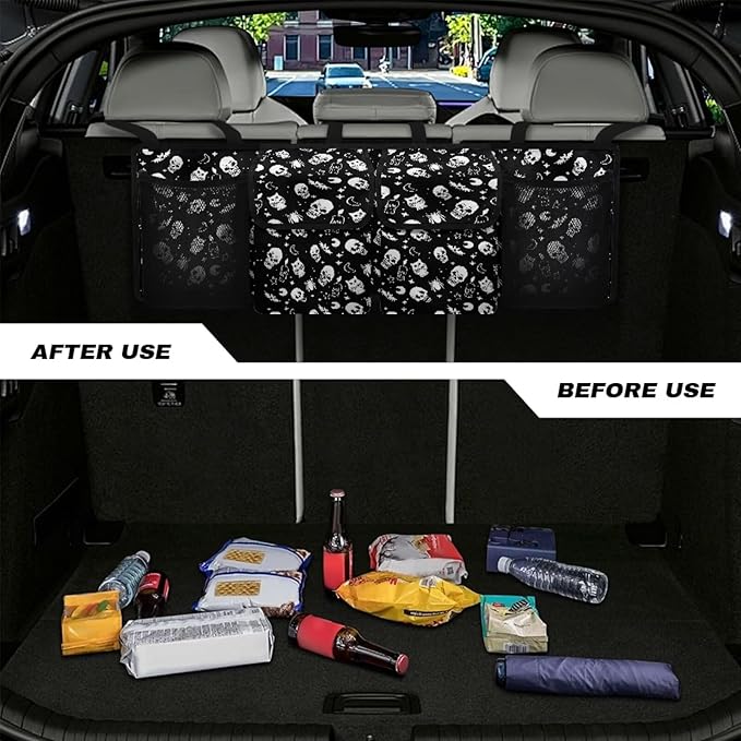 Skull Trunk Organizer for Car, Large-Capacity Trunk Storage Organizer with 4 Pocket, Stylish Car Decor Fashion Car Organizers Storage Back Seat Car Organizer, Keep the Car Clean and Tidy