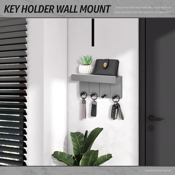 Rebee Vision Small Key Holder Wall Mount - Decorative Key and Mail Holder for Wall with Shelf and 4 Hooks for Aesthetic Room Decor - Modern Apartment Essentials for Home Decor (Light Gray)
