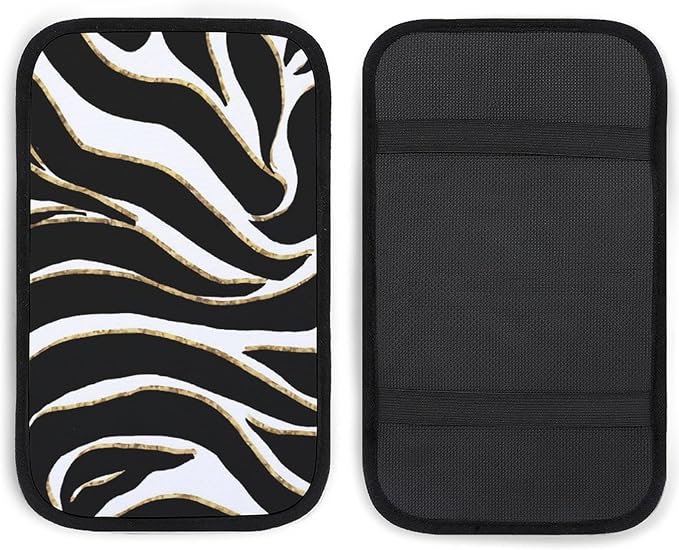 Black Gold Zebra White Animal Print Car Center Console Cushion Pad,Waterproof Armrest Seat Box Cover Protector,Comfortable Car Decor Accessories Fit for Most Cars, Vehicles, SUVs