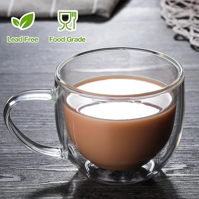 Double Walled Glass Coffee Mugs Set of 2, 8 oz Hand Blown Insulated mugs with Handle, Clear Coffee Mugs for Cappuccino, Latte, Espresso, Americano, Tea Bag, Beverage Glasses Heat Resistant Coffee Cups