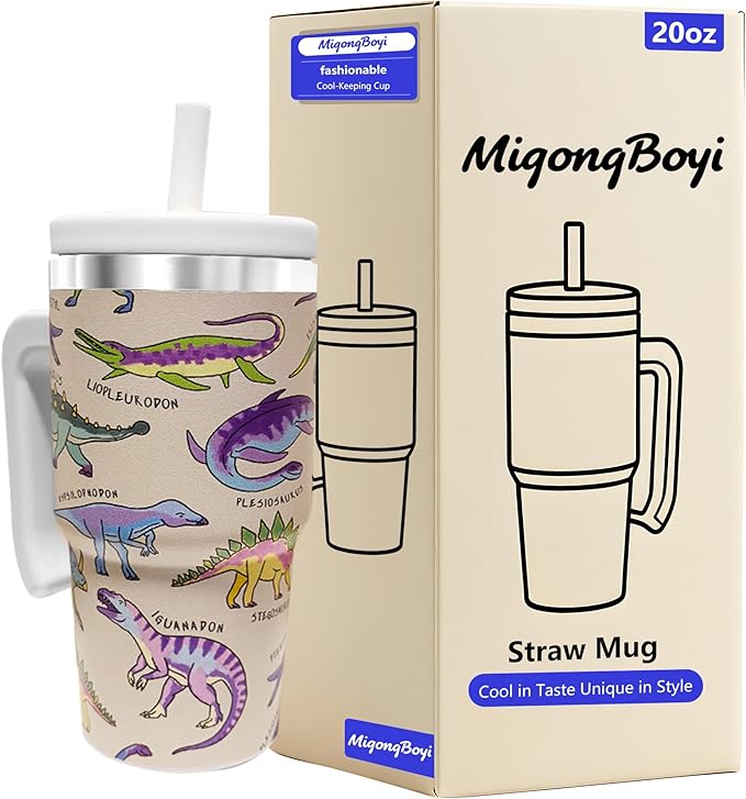 2PCS 20-OZ Insulated Water Bottle,Insulated Stainless Steel Tumbler,Reusable Cold Drink Thermos,BPA-Free, Double-Wall Stainless Steel Water Bottle (Cream-Dinosaurs, 20, Fluid Ounces)