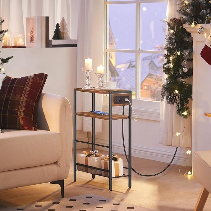 HOOBRO Small Narrow Side Table with Charging Station, Skinny End Table for Small Spaces, Slim Nightstand with USB Ports Outlet, Sofa Beside Table with Storage Shelf, Rustic Brown and Black BF102UBZ01