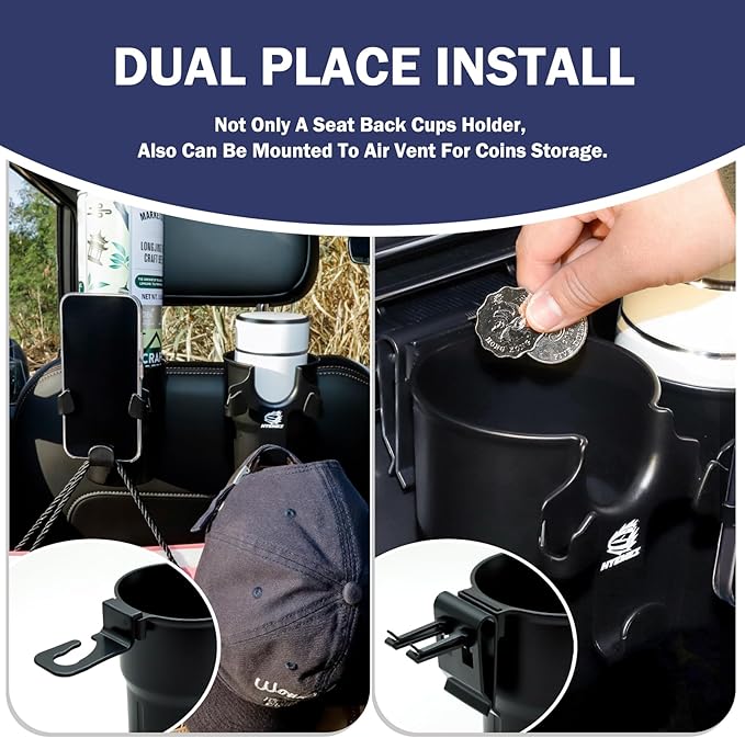 Headrest Back Seat Car Cup Holder, Versatile Road Trips Car Storage Organizer with Hanger for Bottles, Drinks, and Coins, Compatible with Cars, SUV, Trucks 1 Pack