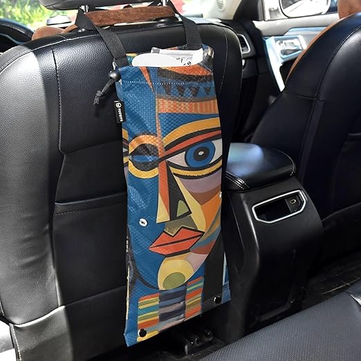 ALAZA Hanging Car Trash Bags Garbage Bag Trash Can for Back Seat Small Egyptian Geometric Face Washable Storage Bag Retractable 2 Pack