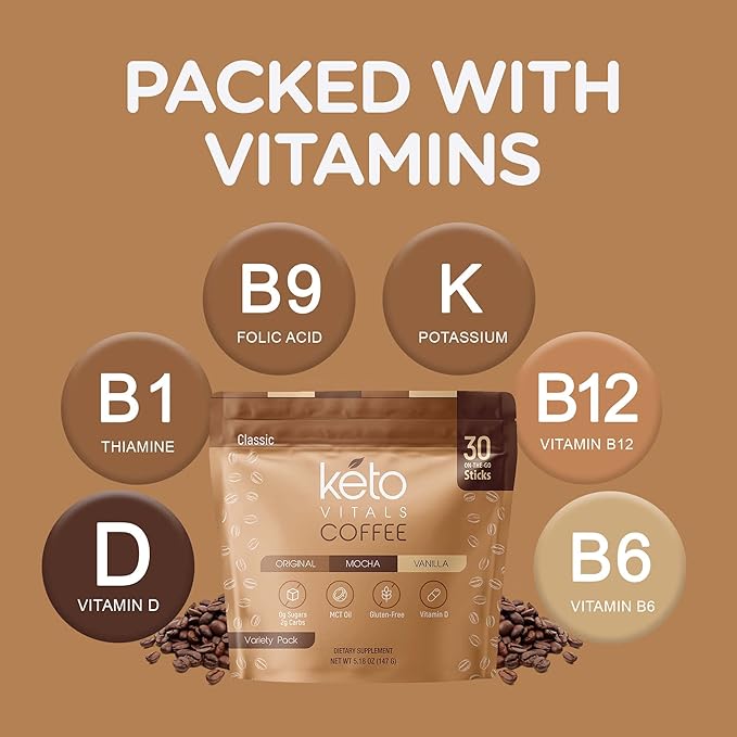 Keto Vitals Instant Keto Coffee Powder with MCT Oil & Vitamins - Low-Calories, Low-Carb, No Artificial Sweeteners – Energy & Metabolism Support – 30 Single-Serve Sticks (Original, Vanilla & Mocha)