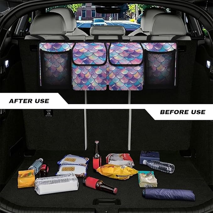 CLOHOMIN Colorful Fish Scale Car Trunk Organizer for Sedan Truck SUV Van Back Seat Storage with 4 Pockets Hanging Car Cargo Trunk Storage Organizer Bag