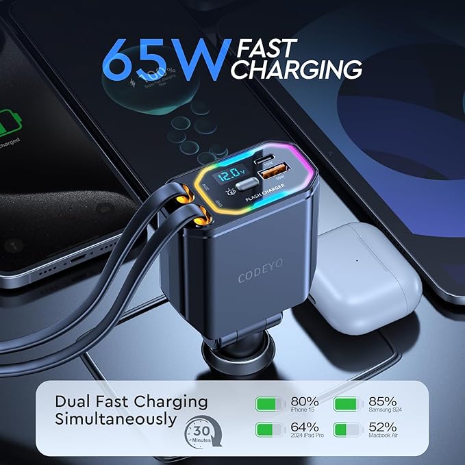 Retractable Car Charger, 146W 4 in 1 (PD 65W) for iPhone 16 Car Charger Fast Charging, 30W for iPhone Car Charger Fast Charging, RGB Light, Car Charger Adapter for iPhone 16 15 14 13 12,Samsung