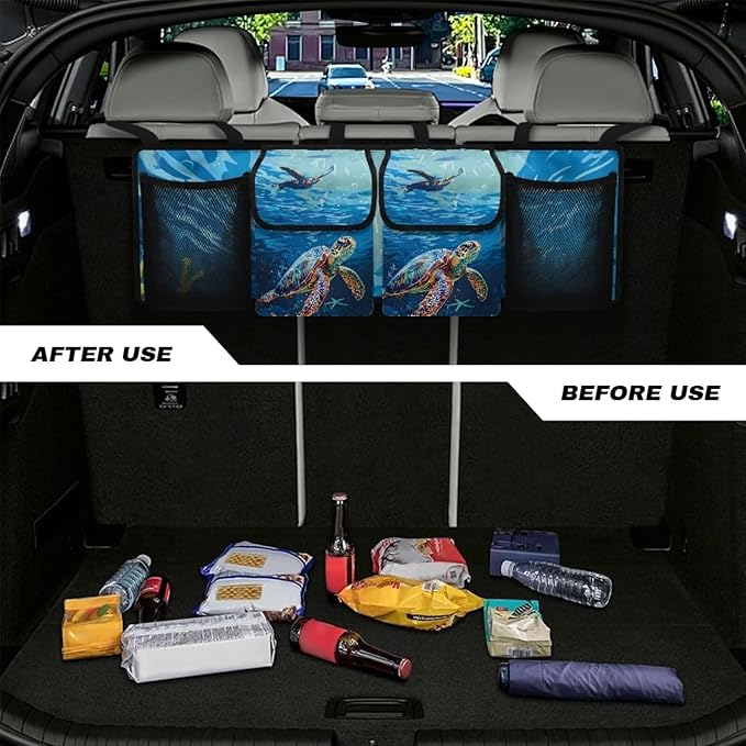 Car Trunk Organizer, Sea Turtle Car Organizers and Storage Backseat Car Organizer for SUV/Truck/MPV, Hanging Car Organization with 4 Pocekts, Frees Trunk Floor, Sturdy Space Saving Expert