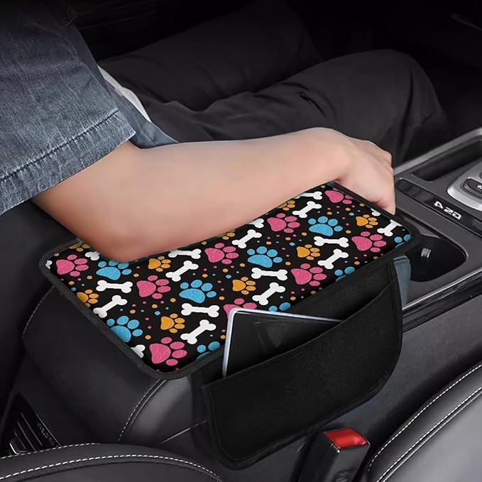 BIGCARJOB Cute Paw Print Auto Armrest Cover for Center Console,Portable Car Center Console Cover with Side Storage Universal Car Armrest Storage Box Car Interior Accessories for Most Vehicles
