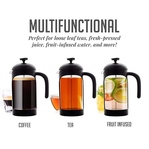OVENTE French Press Coffee Maker 34 Ounce with Heat Resistant Borosilicate Glass & Stainless Steel 4-Level Filtration System, Portable Cold Brew Coffee Maker for Travel, Camping or Gift, Black FPB34B
