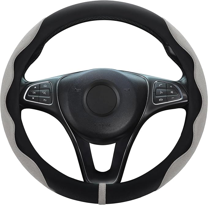 Luxury Suede Steering Wheel Cover for Cars, Soft Leather Padded Wheels Cover for F150, Trucks, Jeep, Van, Auto Thin Large Car Handle Cover, Universal Fit, Anti Slip, 15.2-16in, Gray