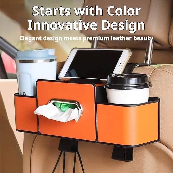 Car Organizers and Storage Box Behind Seat, 2026 New Car Headrest Organizer Back Seat with Drink Cup Holder Tissue Box for Hold Phone, Snacks, Drinks, Handbag (Orange)