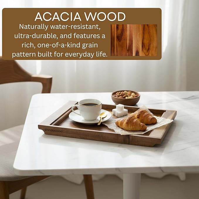 Wood Serving Tray with Handles - Large Acacia Wooden Tray for Coffee Table Ottoman Kitchen Counter - Decorative Food Tray Serving Platter - Rectangle Dinner Tray 15.7"x11"