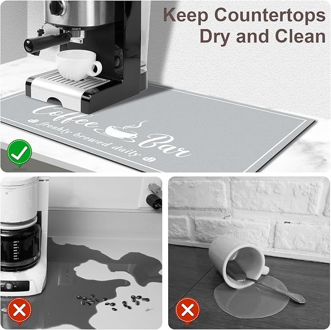 Absorbent Coffee Mat, Fashion Dish Drying Mat for Kitchen Counter Coffee Bar Accessories Espresso Machine Dish Rack 12" x 20" Light Grey