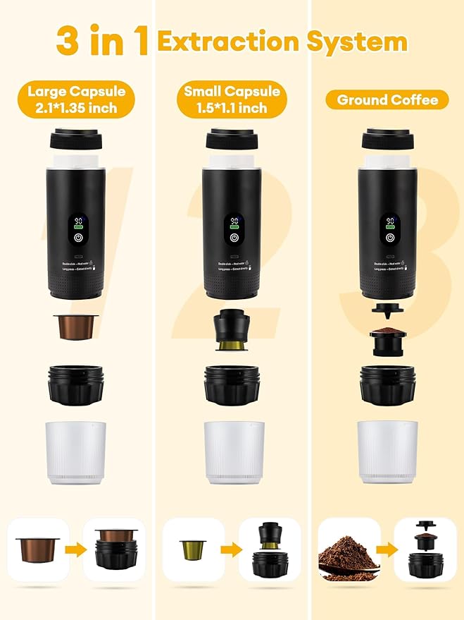 3 in1 Portable Espresso Machine with LED Display,20 Bar Pressure,Real-Time Temp&Battery Indicator,Portable Coffee Maker Compatible with Ground Coffee & Capsules, for Travel,Home & Office
