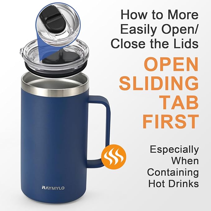 Insulated Coffee Mug 24 oz, Double Wall Stainless Steel Coffee Mug with Lids, Leak-Proof & Detachable Slider Lid for Thorough Clean, Keeps Coffee Cold for 9 Hrs, Suitable for Camp Home Office